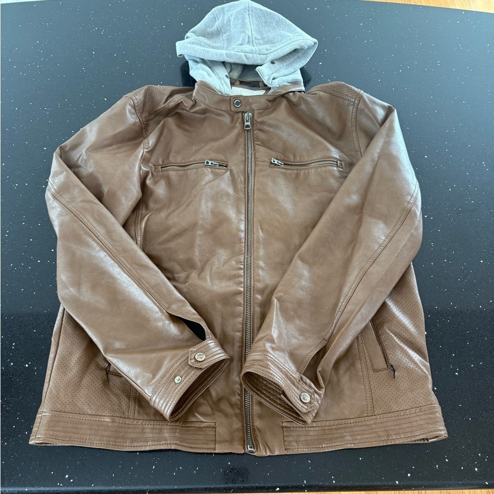 Men's Portugeese Springfield Brown Leather Jacket with Gray Hood